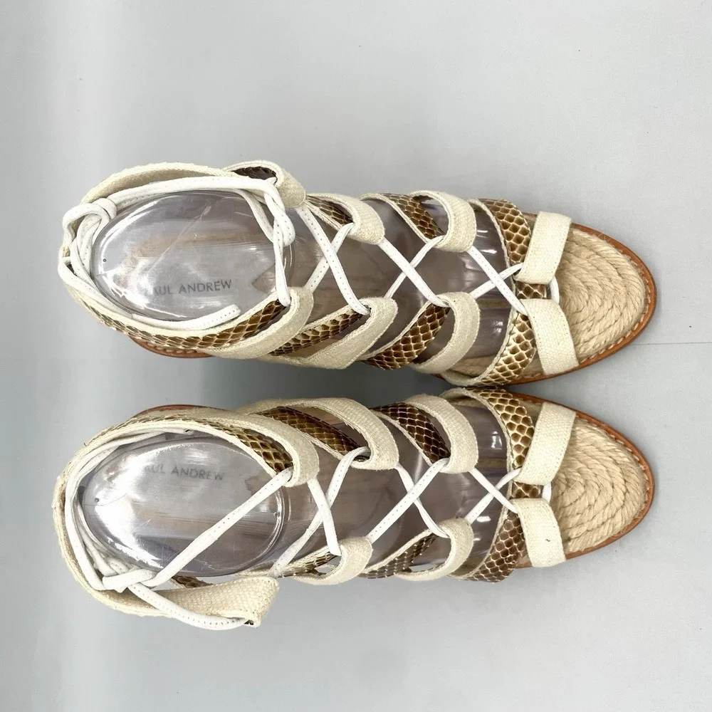 Paul Andrew Womens 40 10 Gladiator Sandals Shoes Snake Print Ivory Wedge Lace Up_3